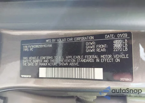 2009 Volvo S80 3.2 from USA, damaged, VIN YV1AS982991103198